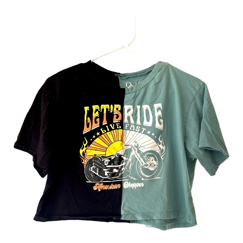 Organic Cotton Women’s Medium black and green crop top. Let’s Ride. Motorcycle